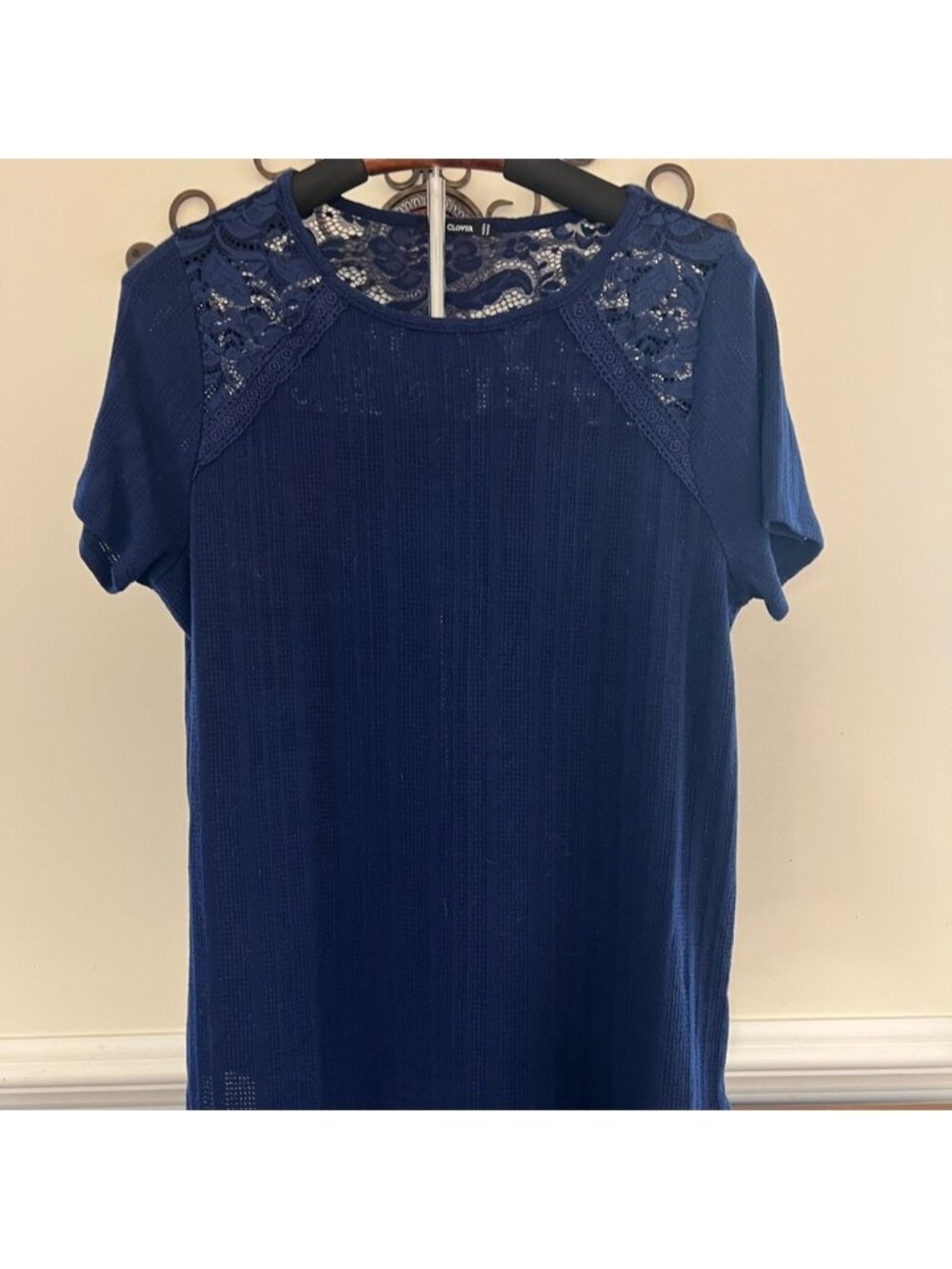 Pink Clover Navy Lace Accent Blouse